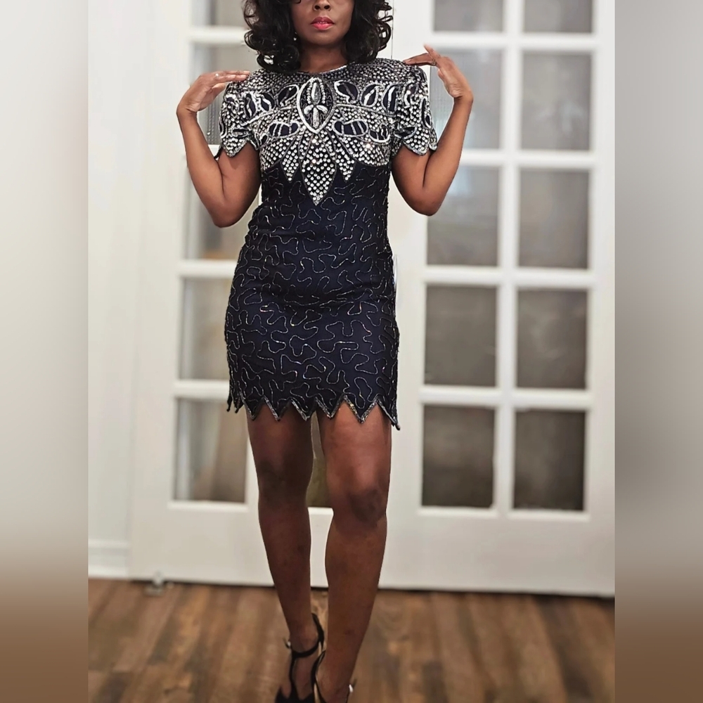 Vintage JMC Navy Blue beaded sequenced Dress.